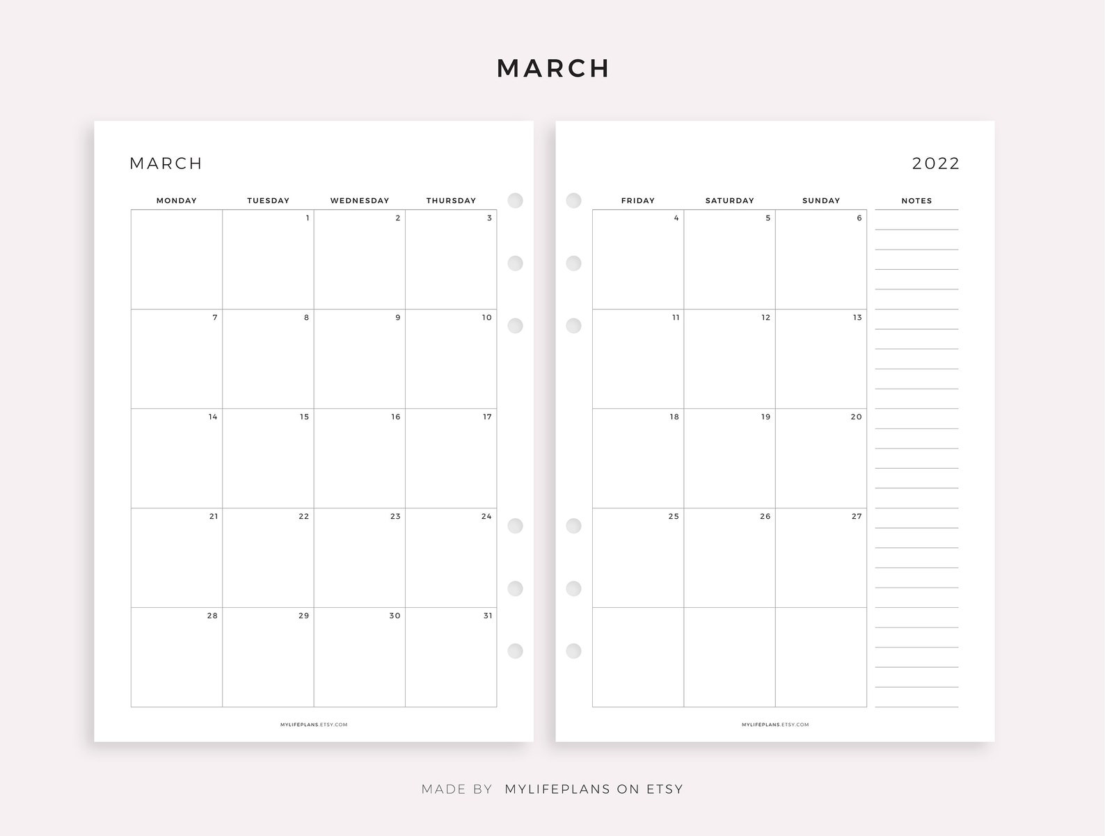2022 monthly calendar on two pages with notes printable etsy