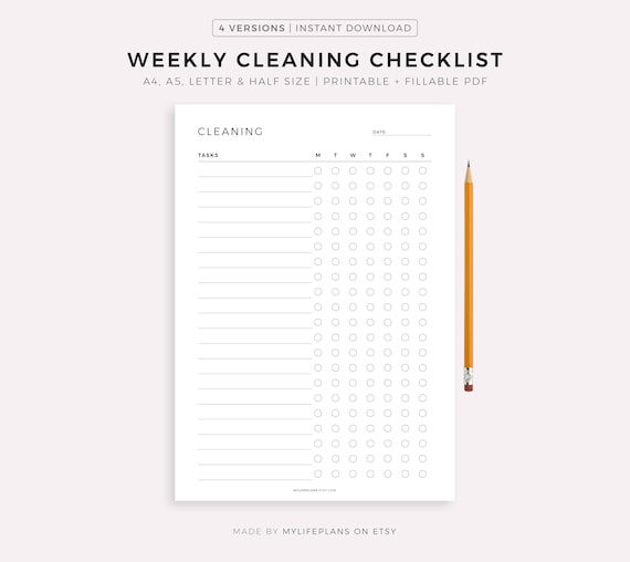 Weekly Cleaning Checklist, Printable Cleaning Template, Cleaning Planner, Cleaning To Do List, A4/A5/Letter/Half Size, Instant Download PDF