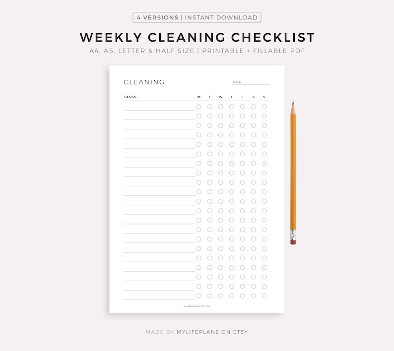 Weekly Cleaning Checklist, Printable Cleaning Template, Cleaning Planner, Cleaning To Do List, A4/A5/Letter/Half Size, Instant Download PDF image 1
