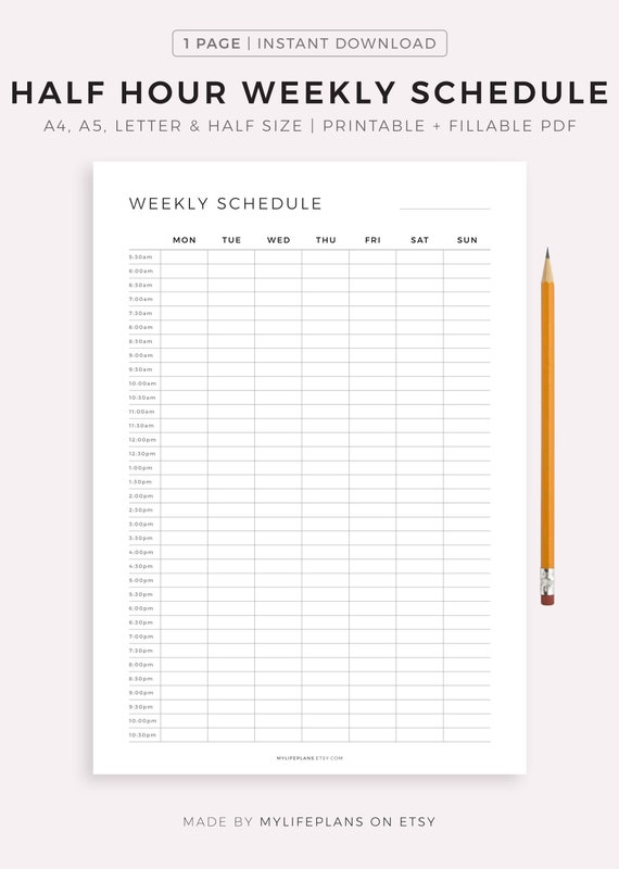 Half Hour Weekly Schedule, Weekly Planner Printable, Week at a Glance,  Weekly to Do List, Weekly Agenda, A5/a4/letter/half Letter 