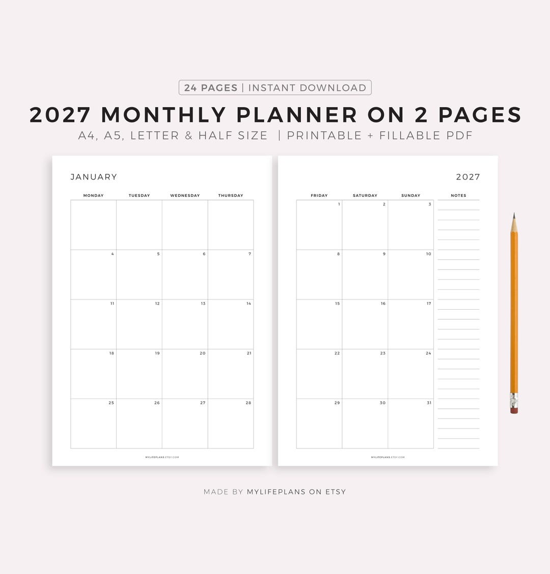 2027 Monthly Planner Printable, Dated Month on 2 Pages, 2027 Calendar