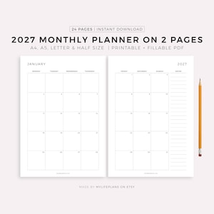 May include: A minimalist 2027 monthly planner on two pages. The white pages feature a calendar layout with space for notes. The text includes "24 PAGES | INSTANT DOWNLOAD" and "PRINTABLE + FILLABLE PDF". A yellow pencil rests on the right side.