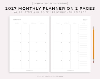 May include: A minimalist 2027 monthly planner on two pages. The white pages feature a calendar layout with space for notes. The text includes "24 PAGES | INSTANT DOWNLOAD" and "PRINTABLE + FILLABLE PDF". A yellow pencil rests on the right side.