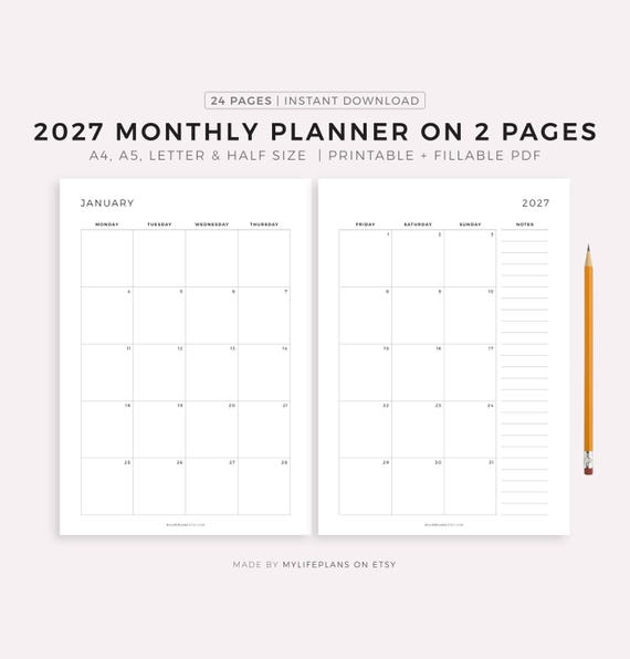 2027 Monthly Planner Printable, Dated Month on 2 Pages, 2027 Calendar, Month At a Glance, A4/A5/Letter/Half, Instant Download