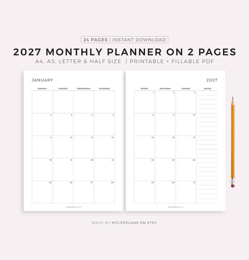 May include: A minimalist 2027 monthly planner on two pages. The white pages feature a calendar layout with space for notes. The text includes "24 PAGES | INSTANT DOWNLOAD" and "PRINTABLE + FILLABLE PDF". A yellow pencil rests on the right side.