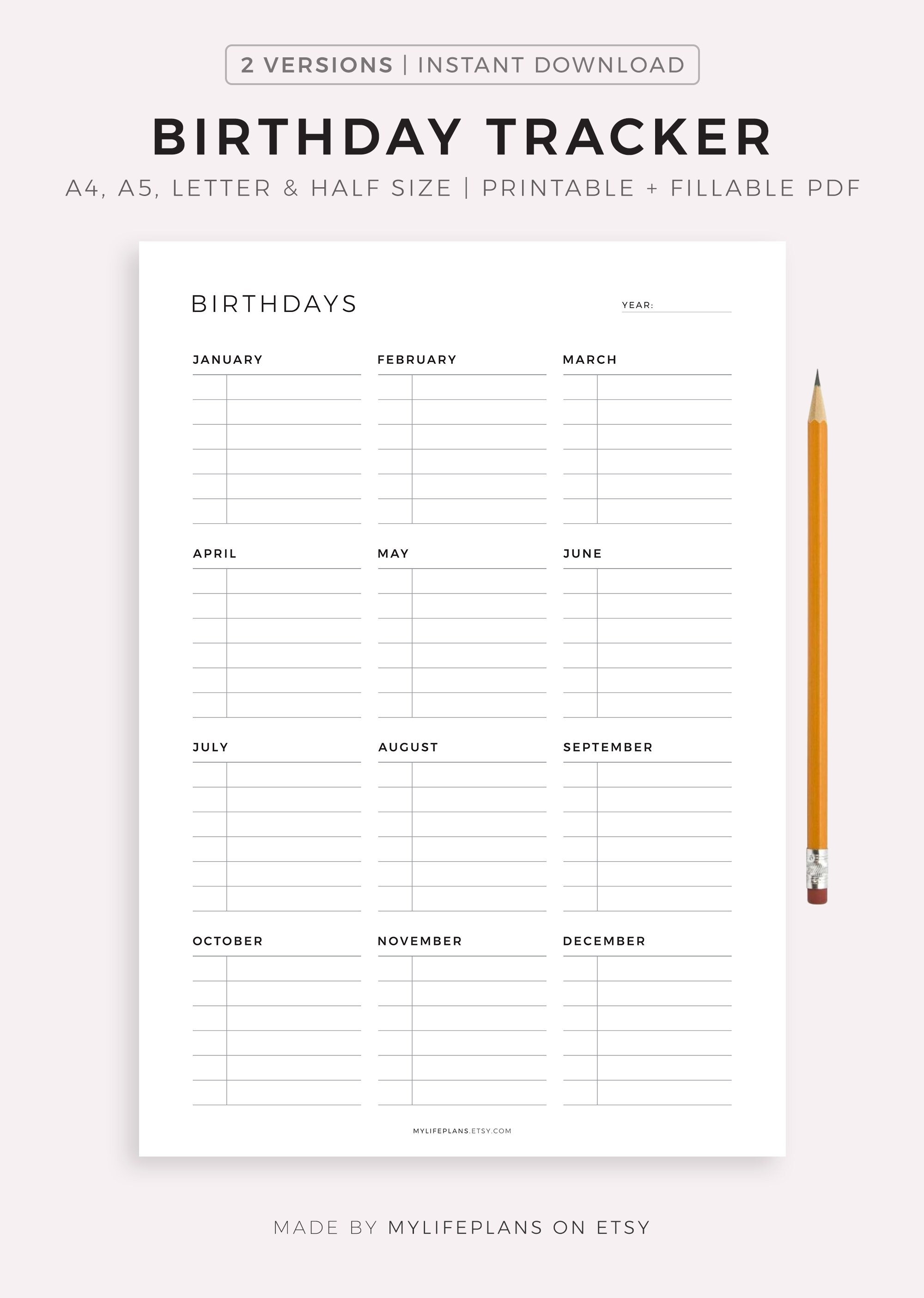 Birthday Tracker Printable Template Birthday Calendar - Etsy UK