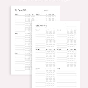 May include: Printable cleaning checklist with a grid of circles for each day of the week. The checklist is divided into five weeks and includes a notes section. The text "Version 1" and "Sunday & Monday Starts Included" is at the top of the page.
