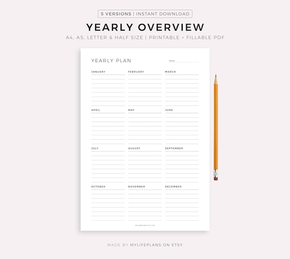 Yearly Overview, Printable Yearly Planner on One Page, Year At a Glance, Undated Minimalist Planner, A4/A5/Letter/Half, Instant Download PDF
