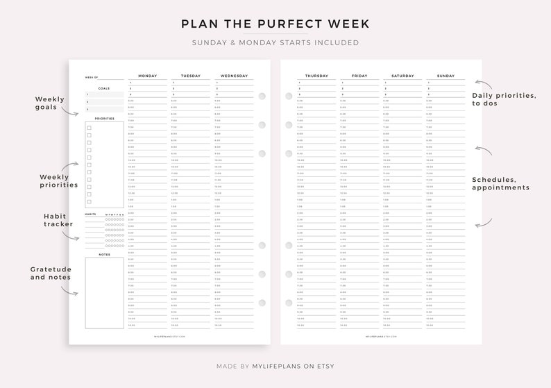 Weekly Planner, Daily Planner, Hourly Planner, To Do List, PDF Printable Inserts, A4, A5 & Letter, Instant Download image 2