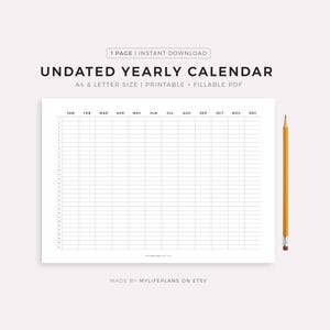 Calendario annuale senza data stampabile e compilabile, anno in sintesi, anno su una pagina, panoramica annuale, orizzontale, A4/Lettera, download immediato