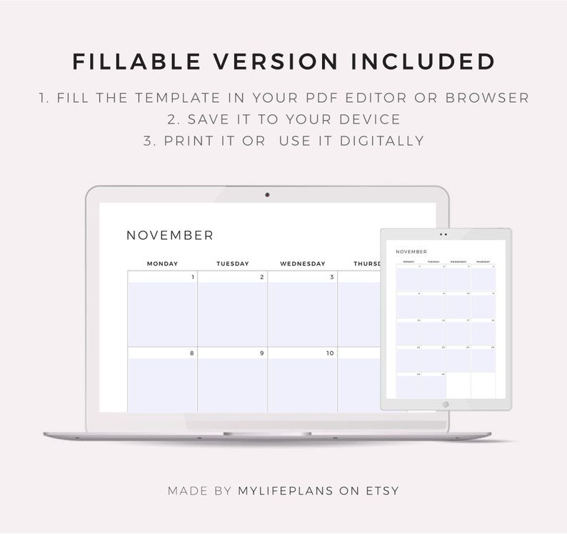 May include: A digital planner template for November displayed on a laptop and tablet. The laptop shows a calendar grid with the days of the week. The text "FILLABLE VERSION INCLUDED" and instructions are at the top. The Etsy shop name is at the bottom.