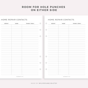 May include: Printable home repair contact list with columns for repair type, name, and phone/email. The printable sheet has room for hole punches on either side.