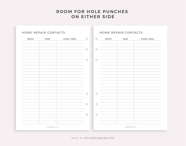 May include: Printable home repair contact list with columns for repair type, name, and phone/email. The printable sheet has room for hole punches on either side.
