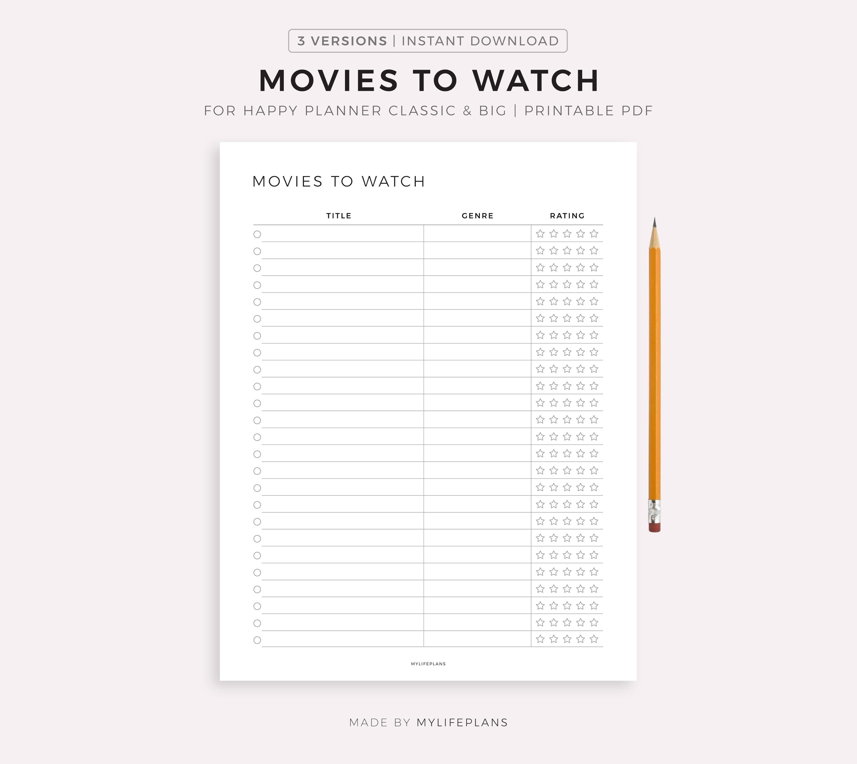 Movies to Watch List, Printable Template for Happy Planner Classic ...