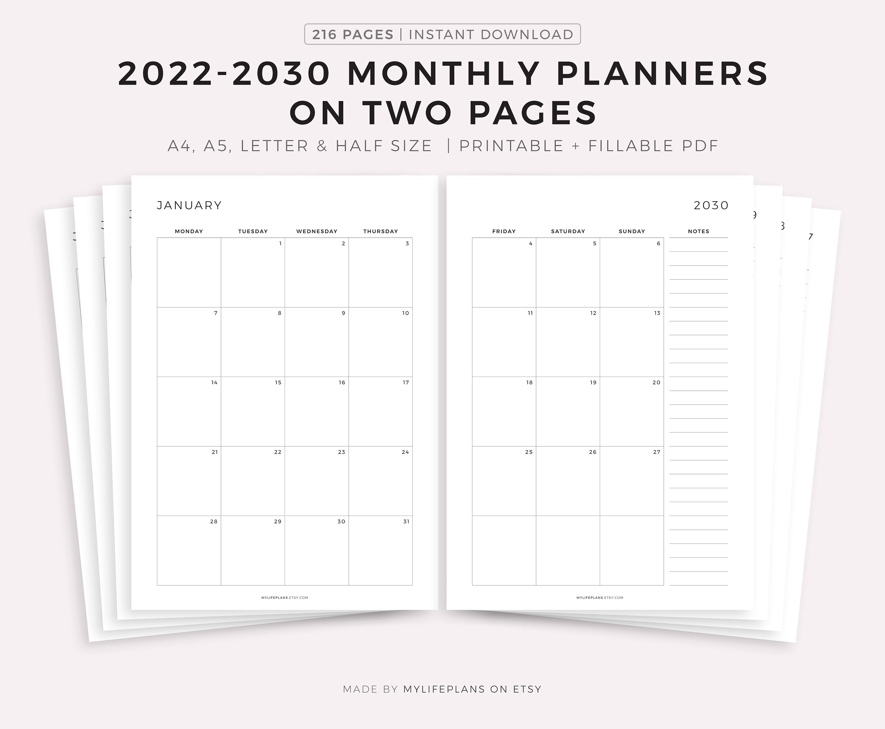 2022 2030 Monthly Planner Printable Dated Month On 2 Pages Etsy