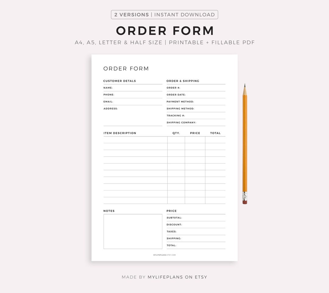 Fillable Order Form Template Printable, Order Form for Small Business ...