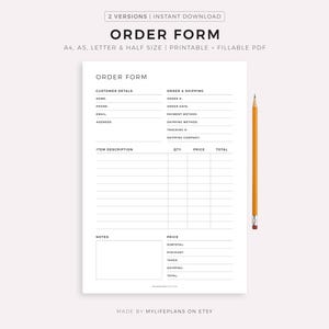 Fillable Order Form Template Printable, Order Form For Small Business, Purchase Order Form, A4/A5/Letter/Half, Instant Download PDF