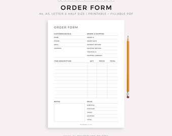 Fillable Order Form Template Printable, Order Form For Small Business, Purchase Order Form, A4/A5/Letter/Half, Instant Download PDF