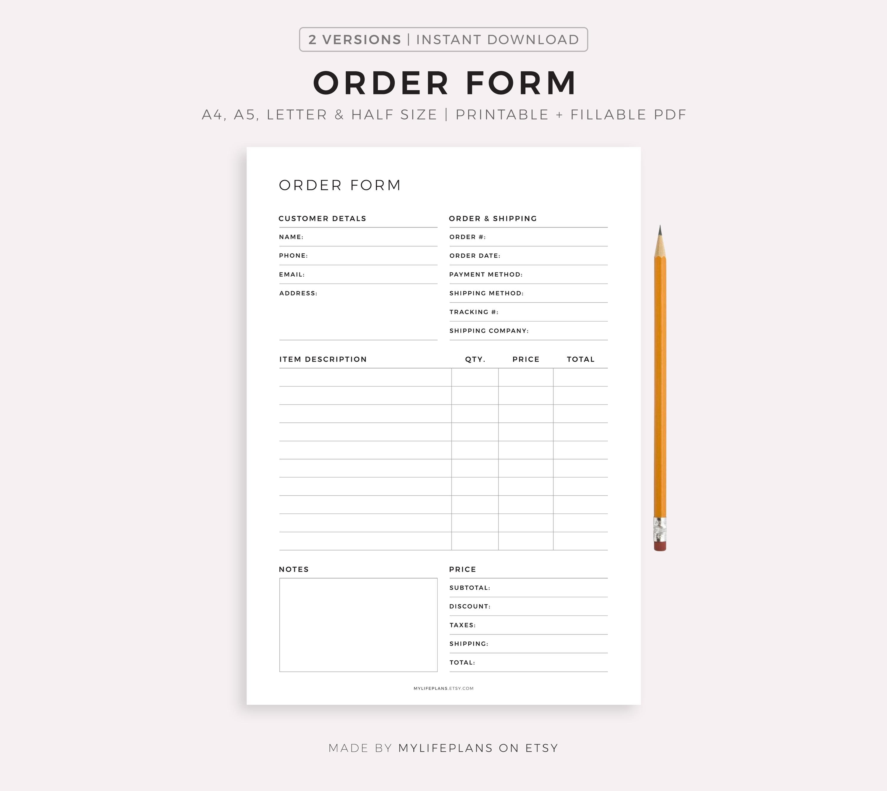 Fillable Order Form Template Printable, Order Form for Small Business ...