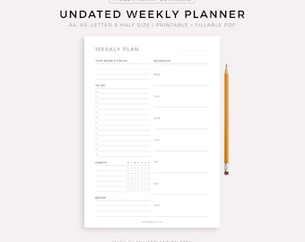 Ongedateerde weekplanner afdrukbaar A5, A4, Letter, half formaat, wekelijkse organisator, wekelijkse takenlijst voor werk/thuis, wekelijks schema