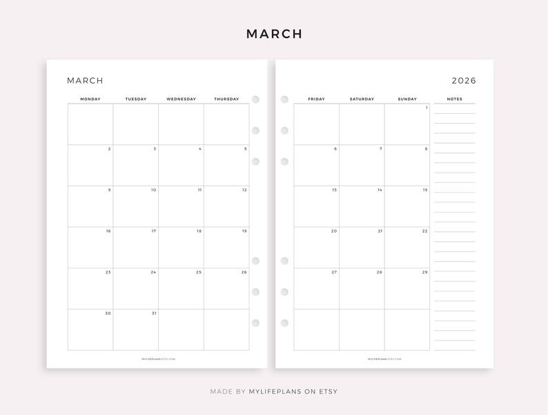 Pode incluir: Uma p&aacute;gina dupla de um planejador minimalista com um calend&aacute;rio para mar&ccedil;o de 2026. A p&aacute;gina esquerda mostra os dias da semana, e a p&aacute;gina direita inclui um calend&aacute;rio e espa&ccedil;o para anota&ccedil;&otilde;es. A palavra "MAR&Ccedil;O" est&aacute; no topo. Na parte inferior l&ecirc;-se "MADE BY MYLIFEPLANS ON ETSY."