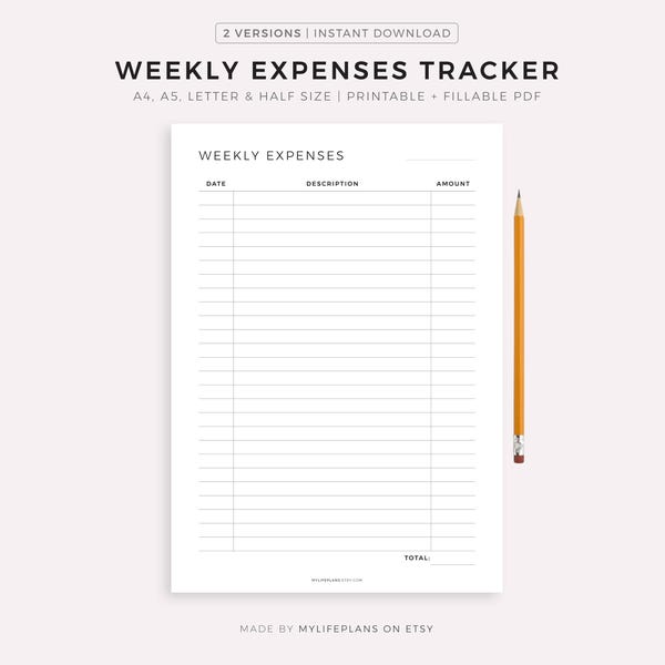 Simple Weekly Expenses Tracker Printable, Weekly Spending Log, Budget Template, A4/A5/Letter/Half Size, Instant Download PDF