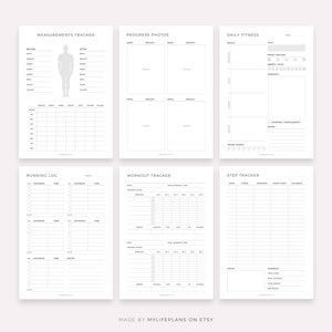 May include: Printable fitness tracker pages with sections for measurements, progress photos, daily fitness, running log, workout tracker, and step tracker. The pages are black and white with a minimalist design.