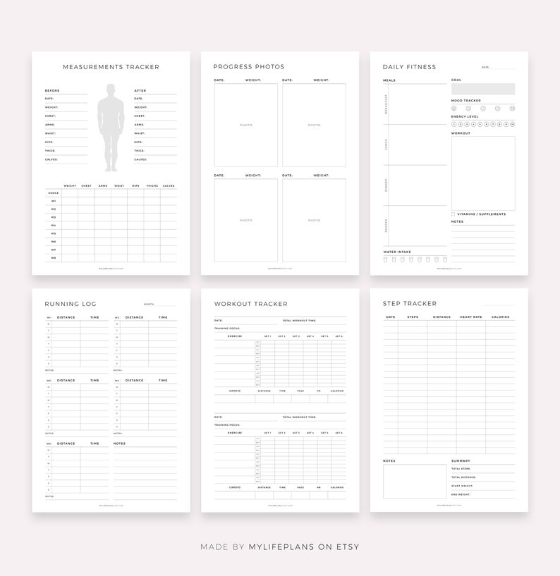 May include: Printable fitness tracker pages with sections for measurements, progress photos, daily fitness, running log, workout tracker, and step tracker. The pages are black and white with a minimalist design.