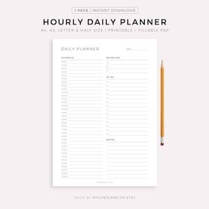 Hourly Daily Planner Printable, Daily To Do List, Undated Planner Inserts, Hourly Schedule, A5/Half Size/A4/Letter