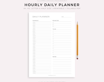 Hourly Daily Planner Printable, Daily To Do List, Undated Planner Inserts, Hourly Schedule, A5/Half Size/A4/Letter