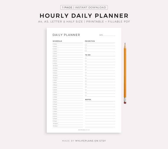 Hourly Daily Planner Printable, Daily To Do List, Undated Planner Inserts, Hourly Schedule, A5/Half Size/A4/Letter