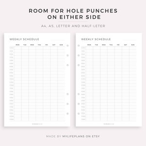 May include: Two blank weekly schedule templates with space for hole punches on either side. The templates are labeled "Weekly Schedule" and include the days of the week: Monday, Tuesday, Wednesday, Thursday, Friday, Saturday, and Sunday. The templates are designed for A4, A5, Letter, and Half-Letter sizes.
