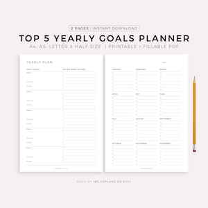 Top 5 Yearly Goals Planner, Goal Setting, Goal Planning, A4/A5/Letter/Half, Printable & Fillable, Instant Download image 1