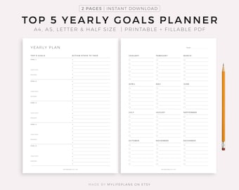 Top 5 Jahreszielplaner, Agenda-Planer, Ziele, A4/A5/Letter/Half, printable & ausfüllbar, Instant Download