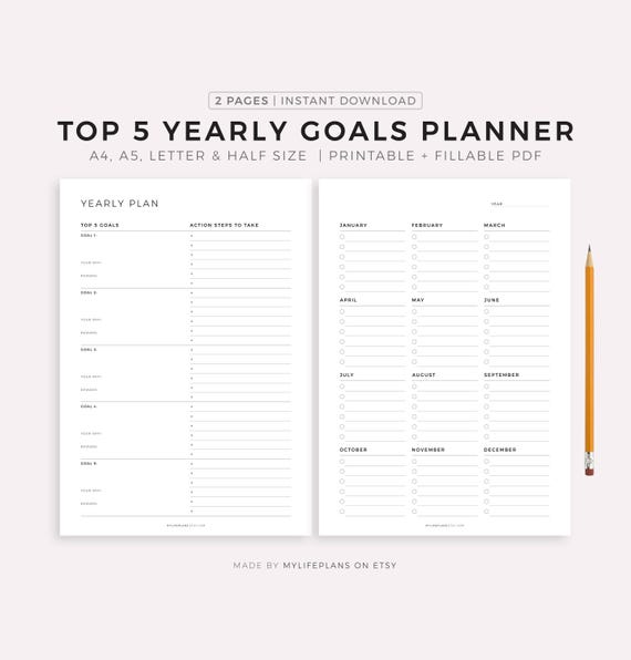 Top 5 Yearly Goals Planner, Goal Setting, Goal Planning, A4/A5/Letter/Half, Printable & Fillable, Instant Download