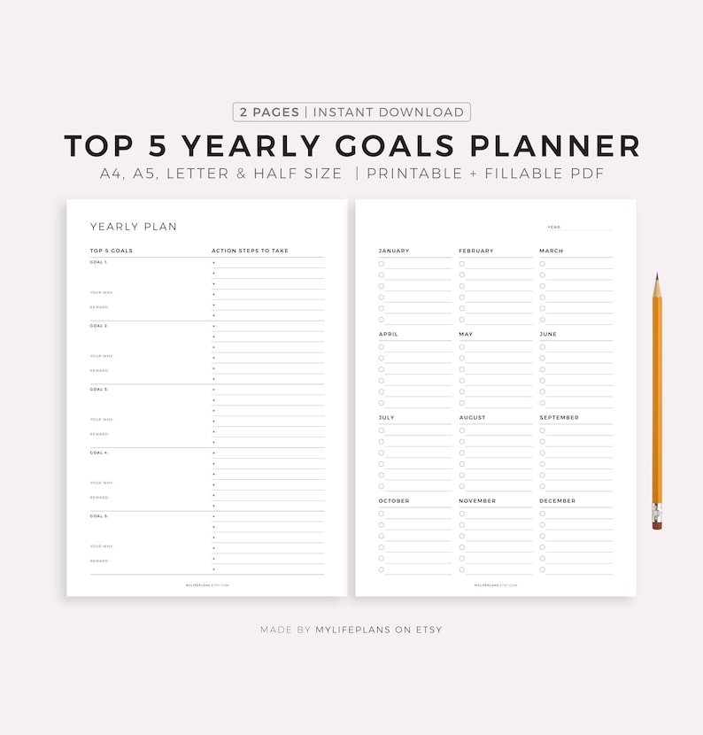 Top 5 Yearly Goals Planner, Goal Setting, Goal Planning, A4/A5/Letter/Half, Printable & Fillable, Instant Download image 1