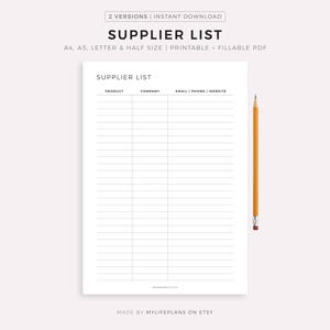 Liste des fournisseurs imprimable, journal d'informations du fournisseur, contacts du fournisseur de fournitures, agenda pour petite entreprise, A4/A5/Lettre/Demi, téléchargement immédiat