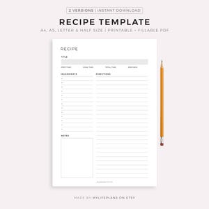 Printable Recipe Template, Recipe Book, Blank Recipe Page, Recipe Card, Home Cook Book Journal, Recipe Organizer, A4/A5/Letter/Half Size image 1