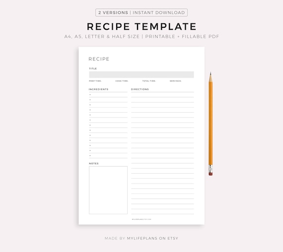Printable Recipe Template, Recipe Book, Blank Recipe Page, Recipe Card, Home Cook Book Journal, Recipe Organizer, A4/A5/Letter/Half Size