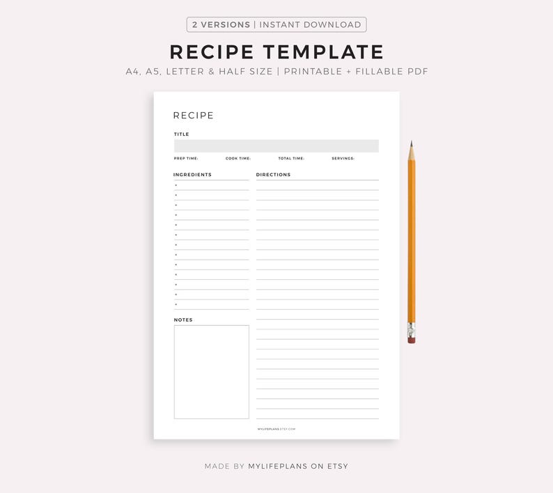 Printable Recipe Template, Recipe Book, Blank Recipe Page, Recipe Card, Home Cook Book Journal, Recipe Organizer, A4/A5/Letter/Half Size image 1