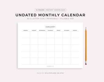 Undatierter Monatskalender im Querformat, minimalistischer Kalender, Wandkalender, Tischkalender, Montag/Sonntag Start, A4/Letter