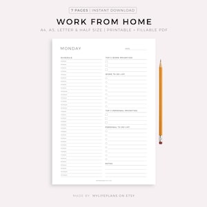 Thuiswerken planner, persoonlijke dagelijkse planner, dagelijkse uurplanner, Instant Download, A5/A4/Letter/Half Letter