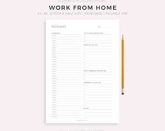 Work From Home Planner, Personal Daily Planner, Daily Hourly Planner, Instant Download, A5/A4/Letter/Half Letter