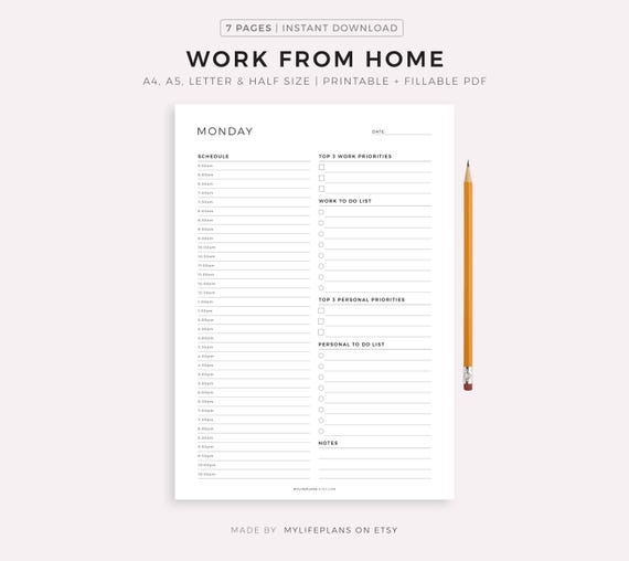 Work From Home Planner, Personal Daily Planner, Daily Hourly Planner, Instant Download, A5/A4/Letter/Half Letter