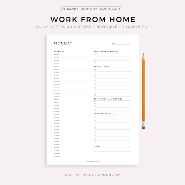 Work From Home Planner, Personal Daily Planner, Daily Hourly Planner, Instant Download, A5/A4/Letter/Half Letter