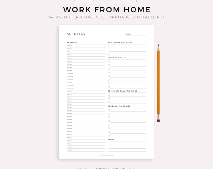 Work From Home Planner, Personal Daily Planner, Daily Hourly Planner, Instant Download, A5/A4/Letter/Half Letter