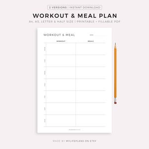 Könnte beinhalten: Ein weißer, bedruckbarer Trainings- und Ernährungsplan mit dem Text "WORKOUT & MEAL PLAN". Der Plan enthält Abschnitte für Workouts und Mahlzeiten, mit Wochentagen. Ein gelber Bleistift befindet sich rechts vom Plan.