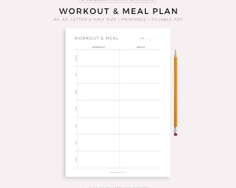 May include: A printable workout and meal plan in white, featuring the text "WORKOUT & MEAL PLAN". The plan is divided into workout and meal sections, with days of the week. A yellow pencil is positioned to the right of the plan.