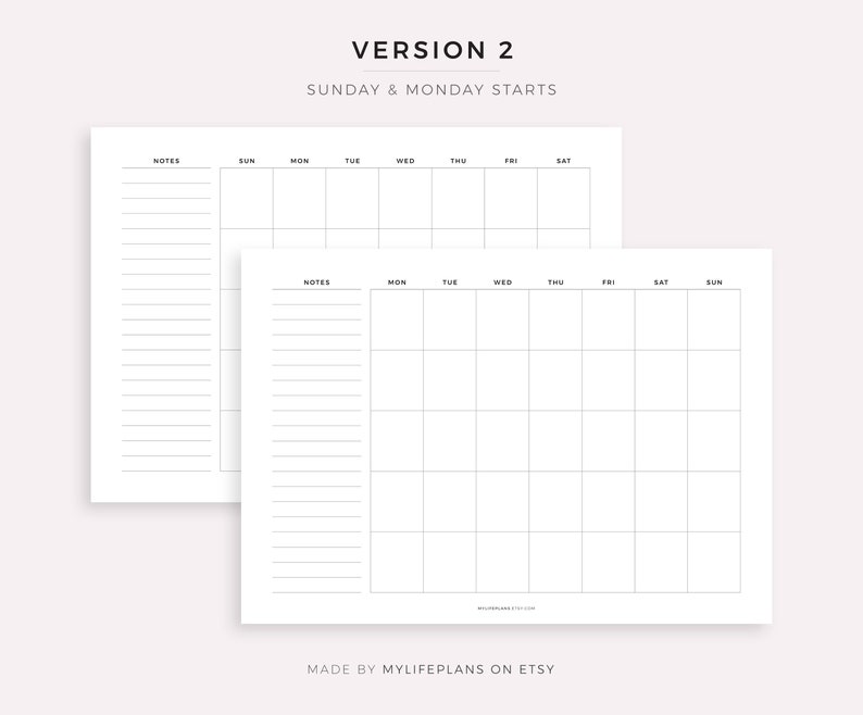 Blank Monthly Calendar With Notes Landscape Printable - Etsy
