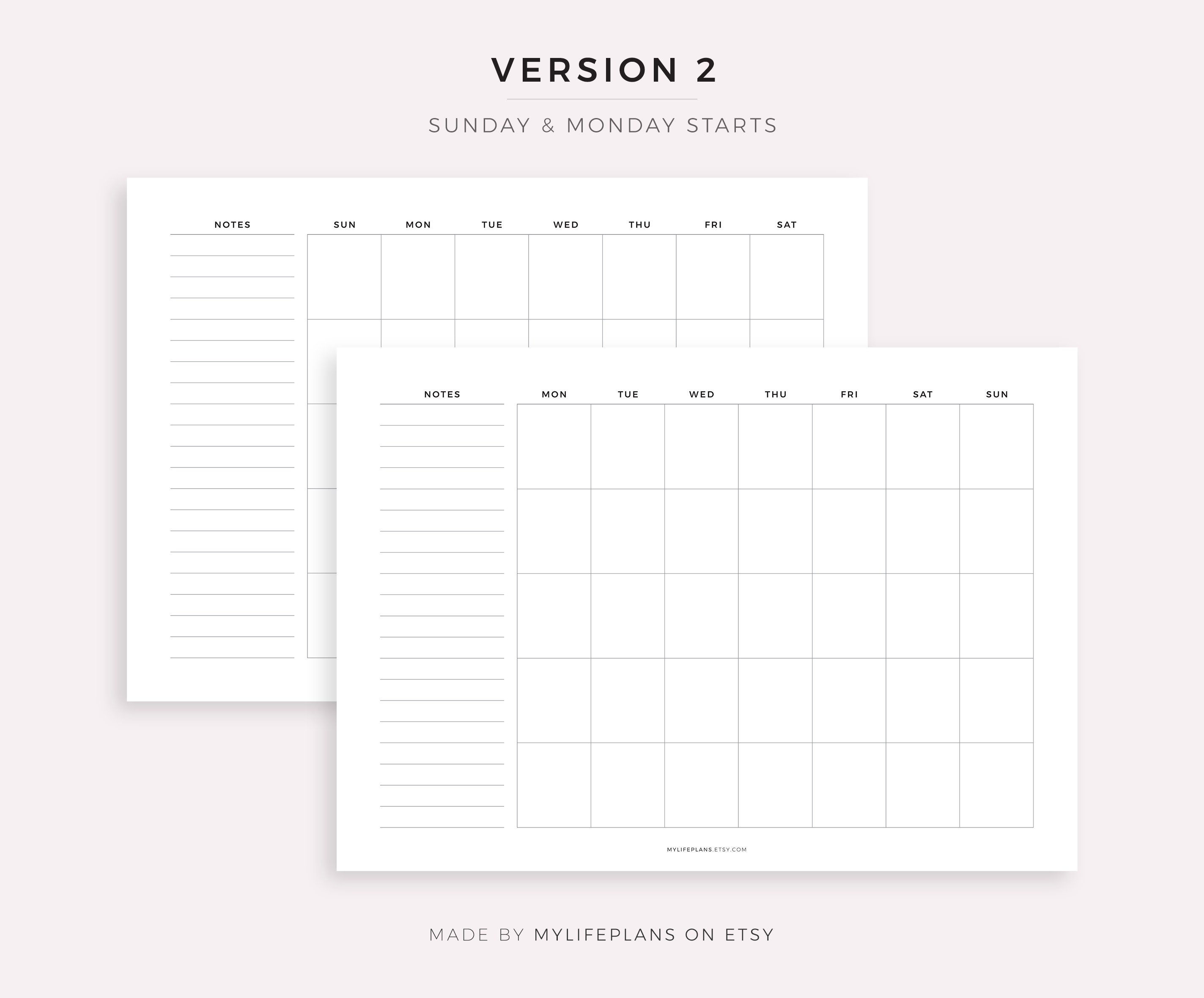 Blank Monthly Calendar With Notes Landscape Printable - Etsy